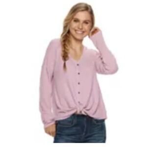 Mudd Waffle-Knit Button Front Long Sleeve Top